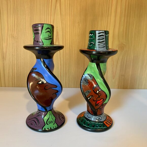 Set of 2 Hand Painted Carved Soapstone Taper Candle Holders - Picture 1 of 8